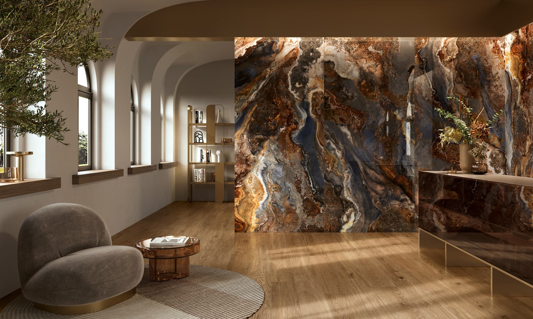 Living modern cu lastre ceramice mari cu aspect de onix în tonuri maro și negre