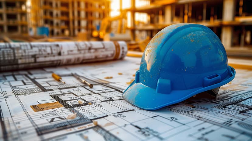 Construcții în Baia Mare, Maramureș – cască de protecție așezată pe planuri tehnice de construcție.