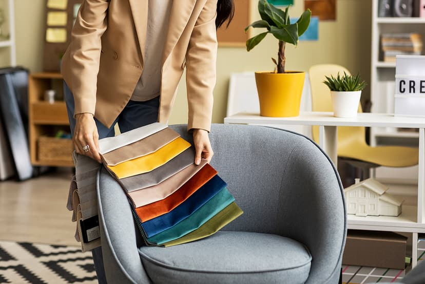 Mobilier & Design Interior în Baia Mare, Maramureș – designer care prezintă mostre textile pentru amenajarea unui fotoliu.